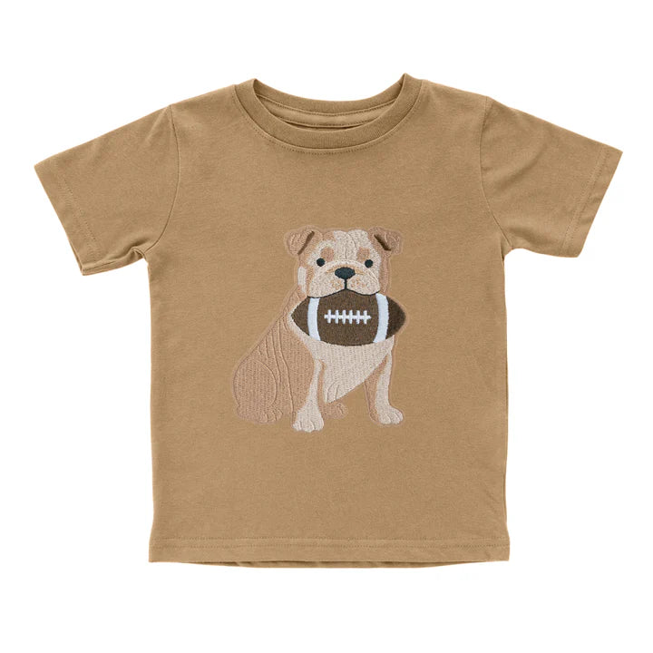 Sweet Wink Bulldog football patch short sleeve T-shirt featuring a sporty bulldog design on a casual cotton shirt.