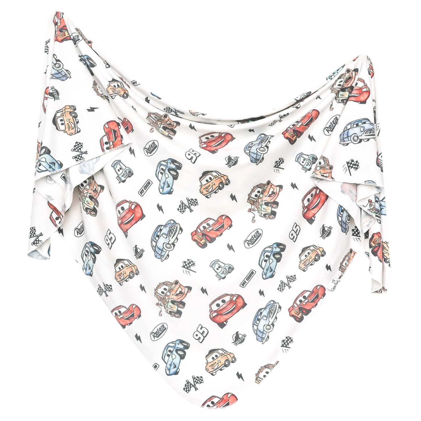 Pink Disney Pixar Cars knit swaddle blanket by Copper Pearl featuring colorful cartoon cars and soft, cozy fabric for babies.