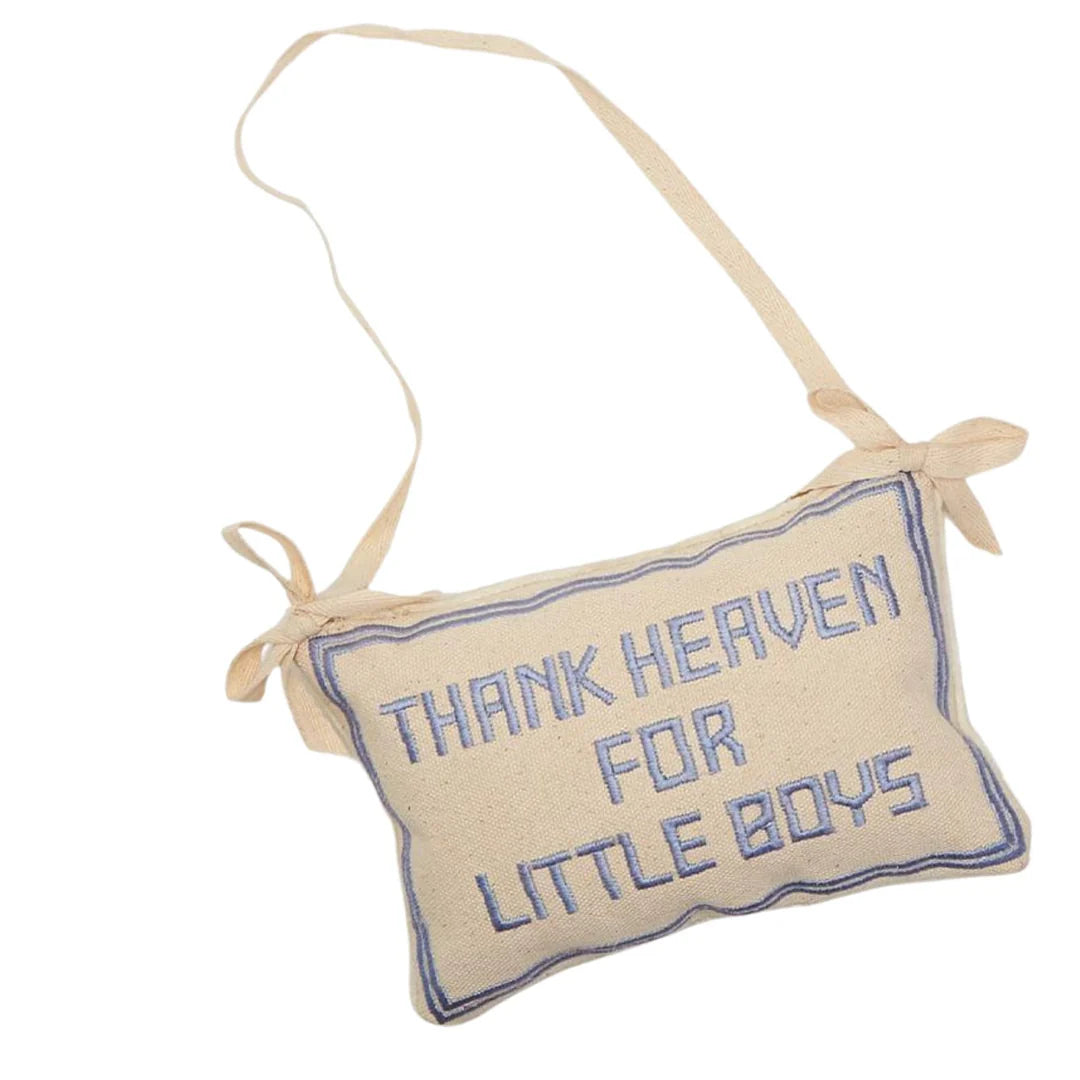 Thank Heaven embroidered pillow door hanger featuring soft fabric and intricate embroidery, perfect for nursery or bedroom decor.