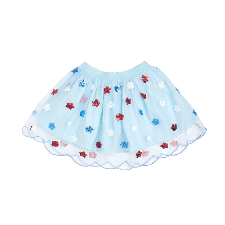 USA Sequin Stars tutu by Sweet Wink featuring a festive tutu with shiny star sequins and colorful tulle layers.