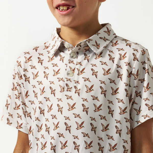 Youth Burlebo Mallards Flying In Performance Polo shirt with a colorful mallard duck design on the front.