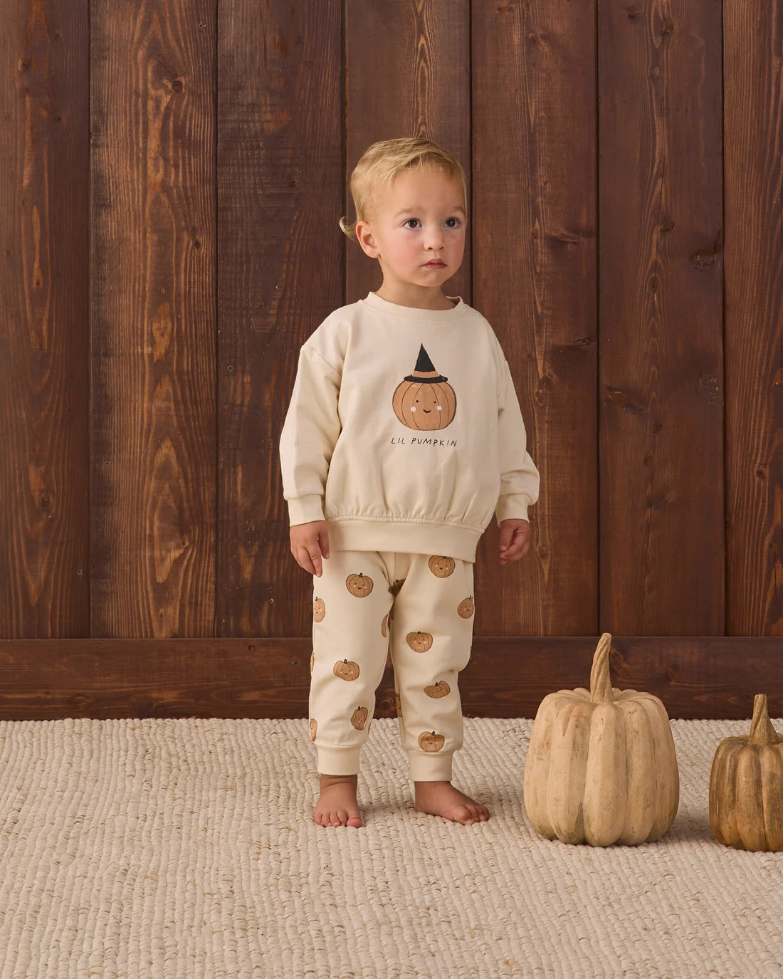 Quincy Mae Pumpkins Relaxed Fleece Sweatpant in soft fabric, featuring pumpkin print design, comfortable fit for kids or adults