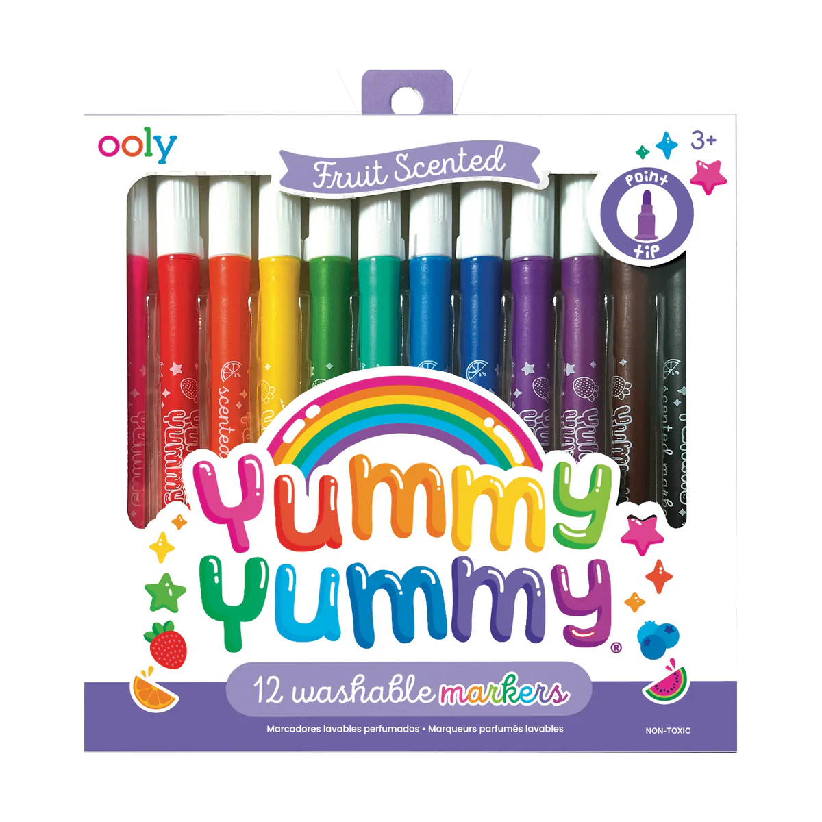 Set of colorful Yummy Yummy fruit-scented markers by ooly with multiple vibrant markers displayed on a white background.