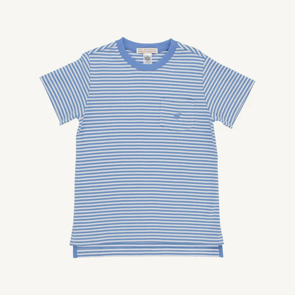Blue and white striped Carter crewneck sweater from The Beaufort Bonnet Company featuring a Sunrise Blvd design.