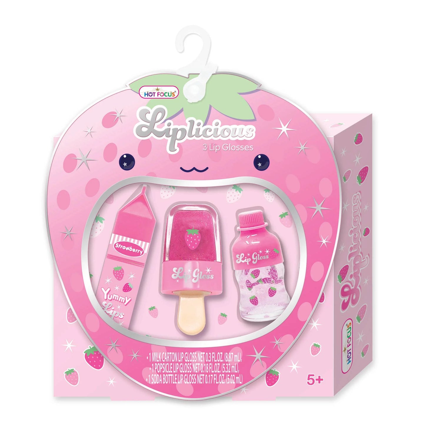Hot Focus Strawberry Liplicious lip balm tube with bright pink packaging and strawberry graphics.