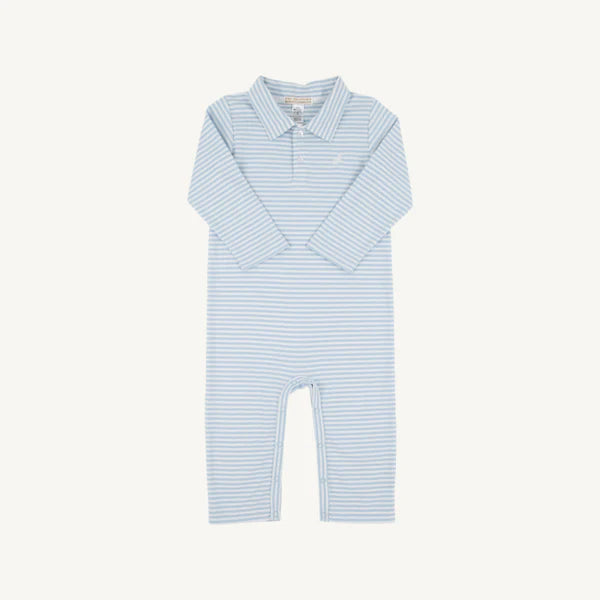 The Beaufort Bonnet Company - Long Sleeve Sir Proper's Romper Beale Street Blue Stripe with Worth Avenue White Stork
