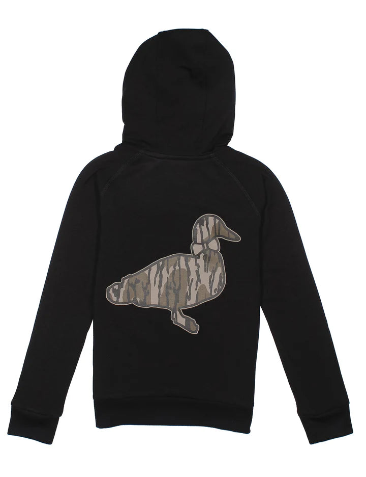Boys Properly Tied Element Logo Hoodie in Mossy Oak Original Bottomland camouflage with black accents, front logo design.