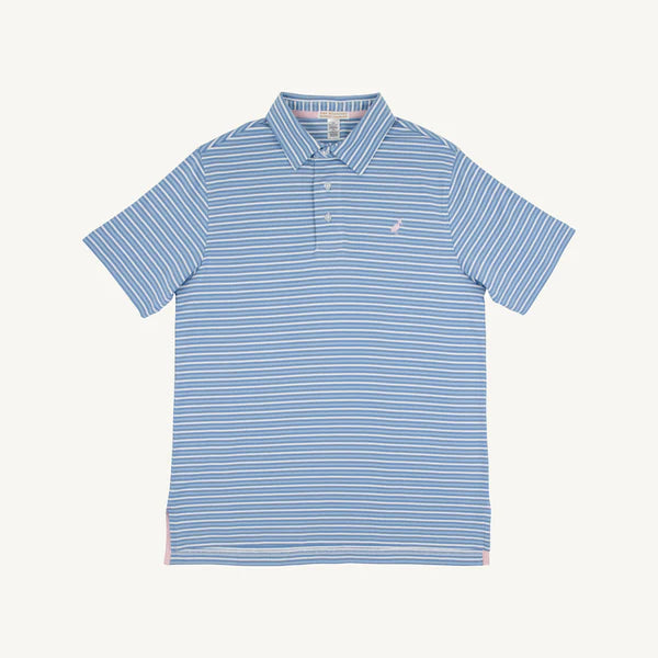 Pink and blue striped Sumner County polo shirt for boys by The Beaufort Bonnet Company, featuring a classic collar and short sleeves.