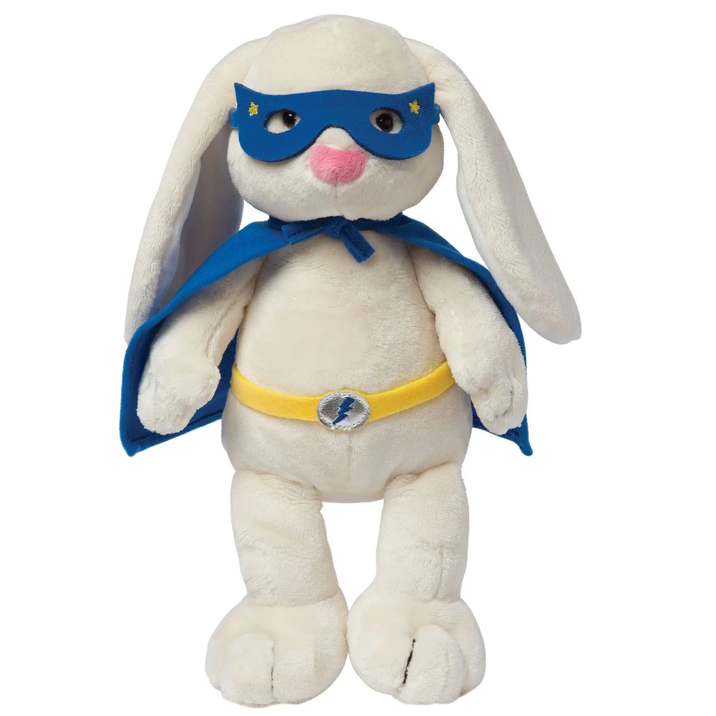 Colorful Superhero Bunny plush toy by Manhattan Toy with a cape and mask, soft fabric, and expressive embroidered face.