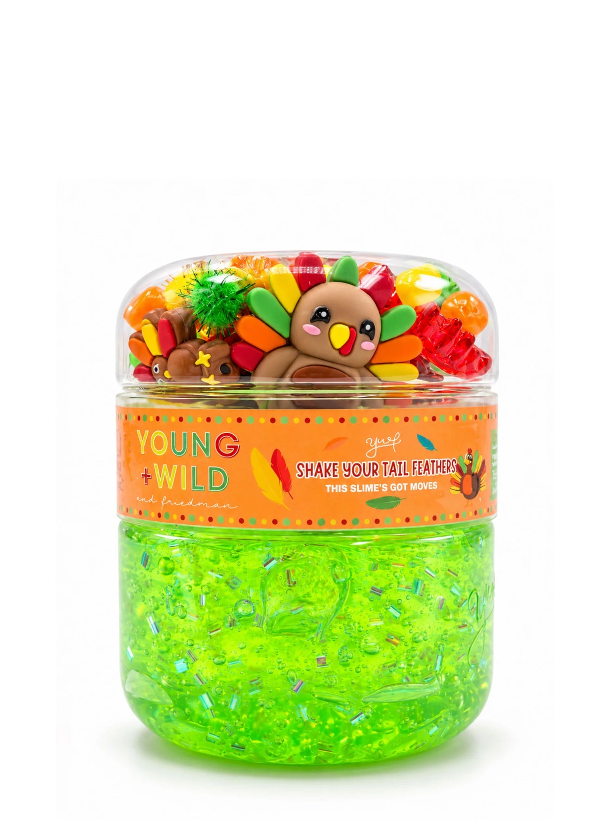 Colorful Shake Your Tail Feathers slime by Young Wild and Friedman, with vibrant swirls and a stretchy, gooey texture.