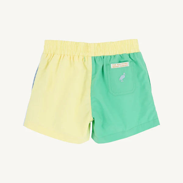 Back view of Sheffield shorts in Grace Bay green, Buckhead blue, and Lake Worth yellow from The Beaufort Bonnet Company.