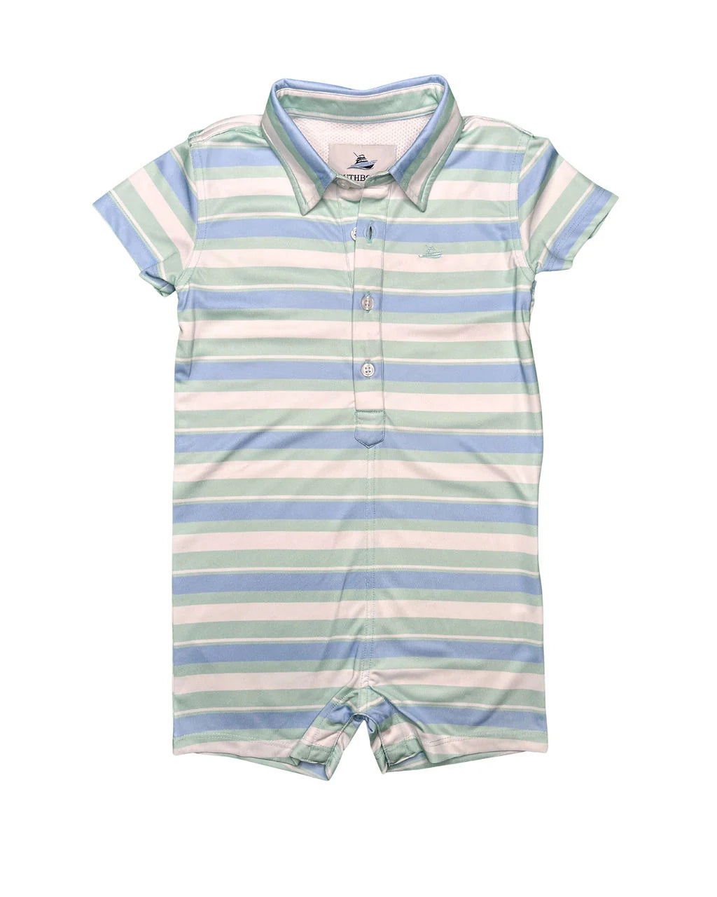 SouthBound blue and dusty aqua performance polo romper laid flat with detailed fabric texture and collar visible.