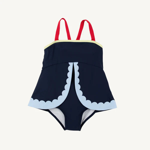 Nantucket Navy Stratford scallop swimsuit by The Beaufort Bonnet Company featuring navy, red, blue, and yellow scallop patterns.