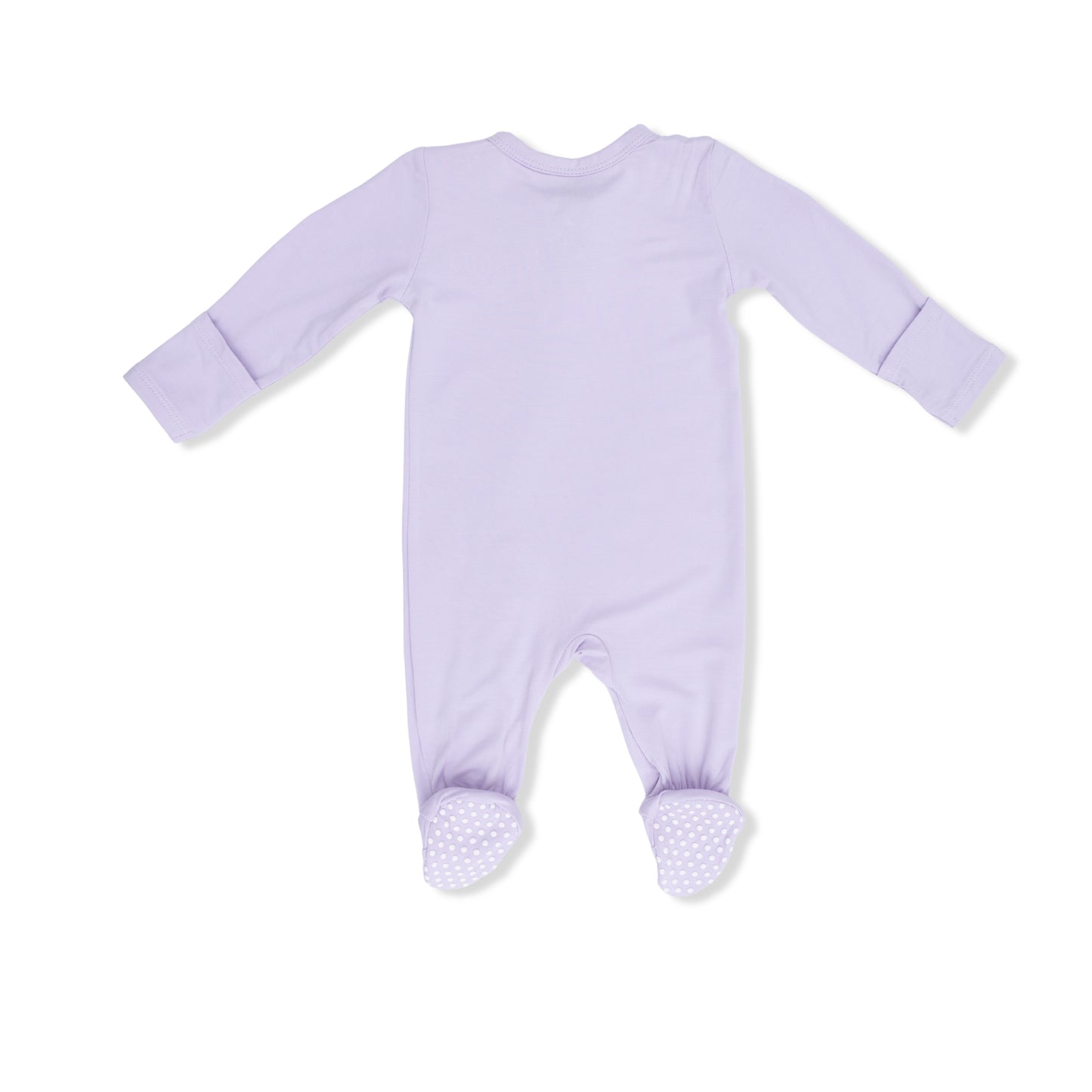 Angel Dear Solid Orchid Petal 2-Way Zipper Footie showing a soft, cozy baby onesie with zipper closure and floral design.