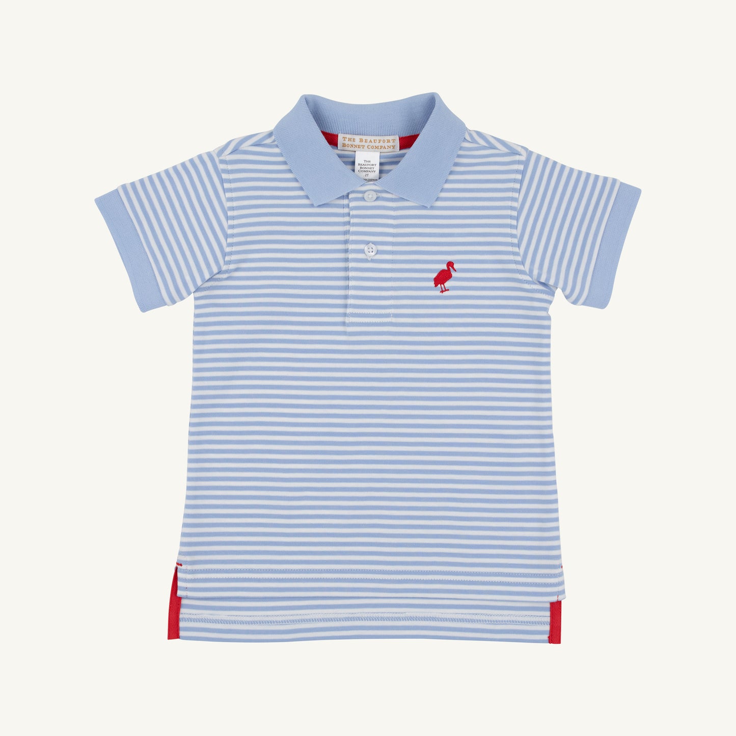 Prim and Proper Polo by The Beaufort Bonnet Company featuring blue and red stripes, classic fit, and soft cotton fabric.