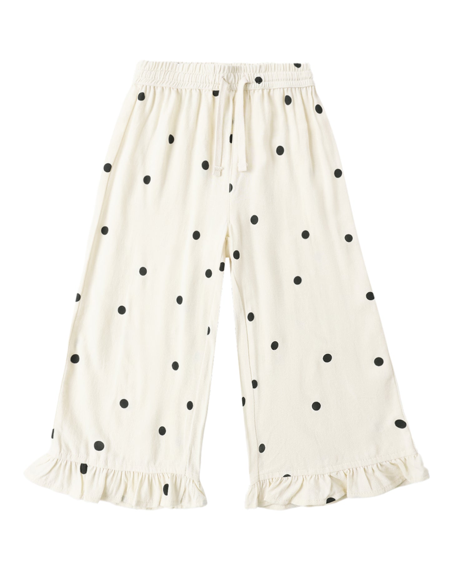 Rylee & Cru polka dot wide leg pants with a relaxed fit and high waist, featuring a playful black and white dot pattern.