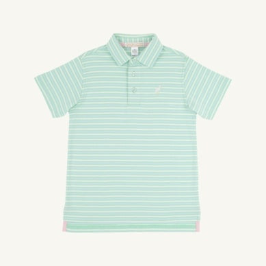 Green and white striped Grace Bay polo shirt by The Beaufort Bonnet Company featuring a classic Prim & Proper design.