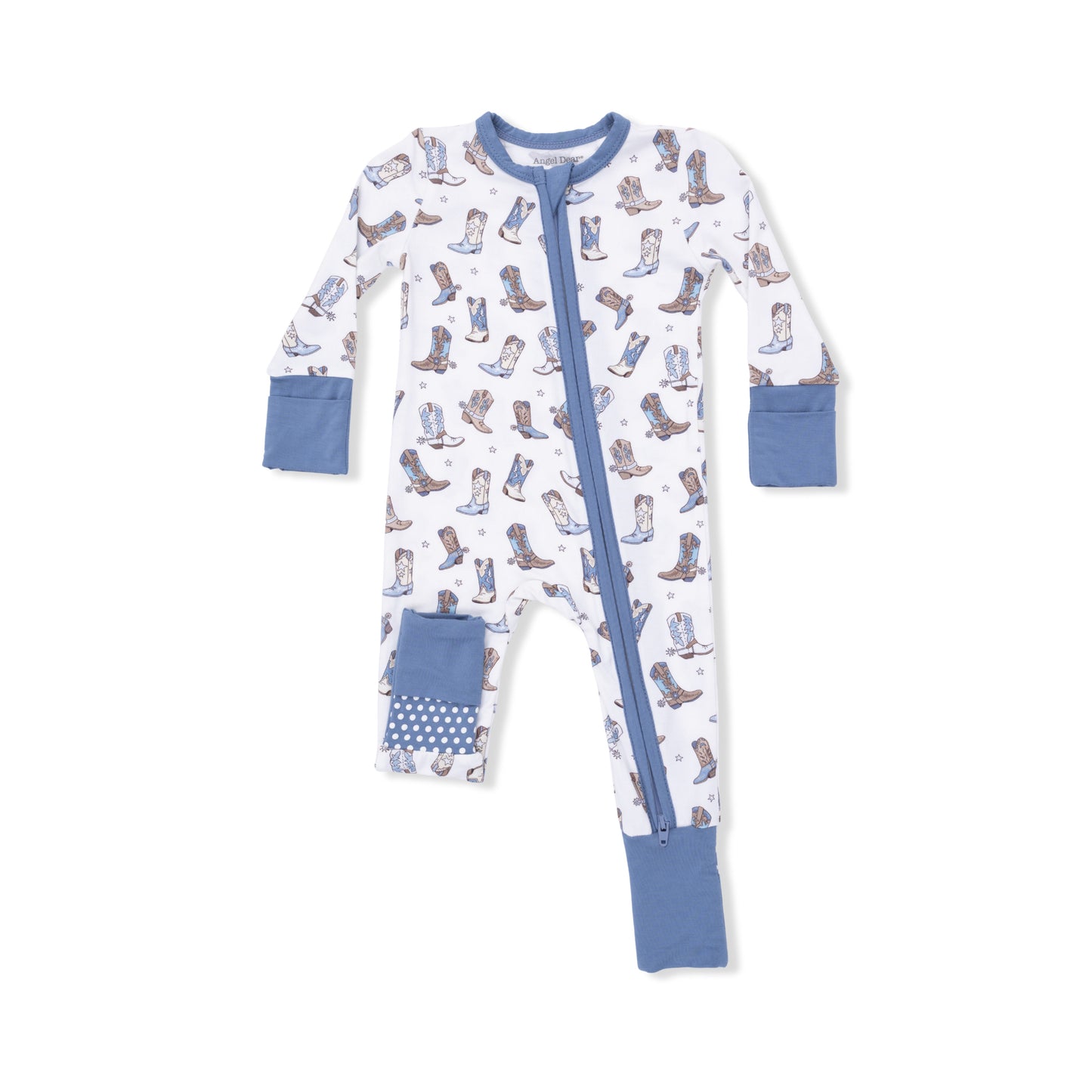 Angel Dear cowboy boots convertible romper displayed on a child, featuring trendy cowboy boot design and comfortable fabric.