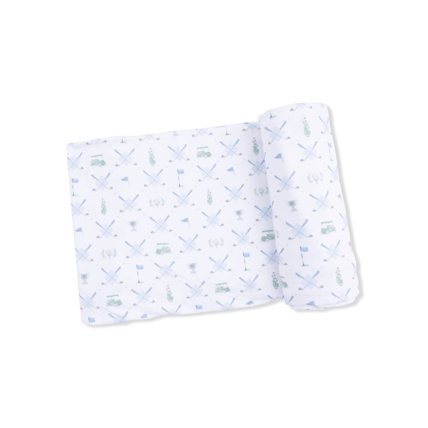 Angel Dear Blue Swaddle Blanket with golf trellis pattern, soft fabric for newborns and infants, versatile for swaddling and cuddling.