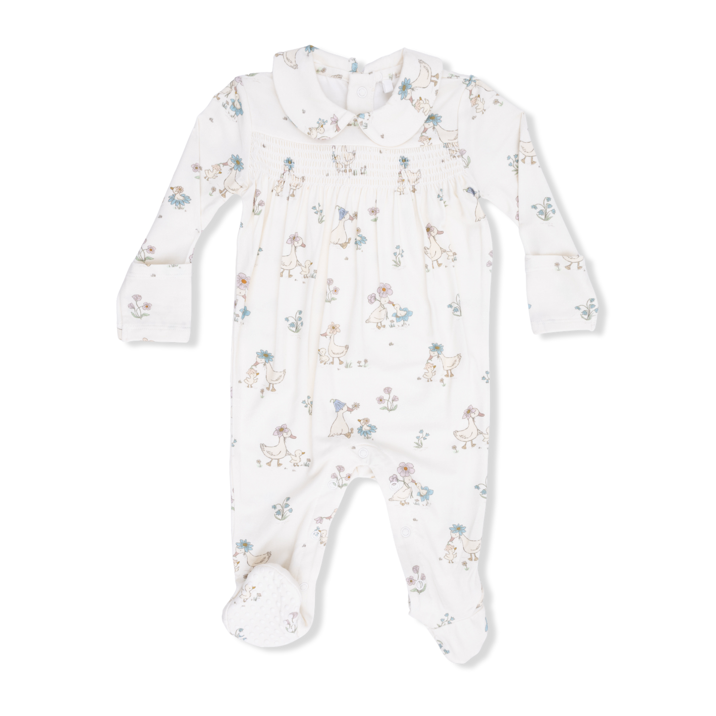 Flower Ducklings Smocked Snap Footie