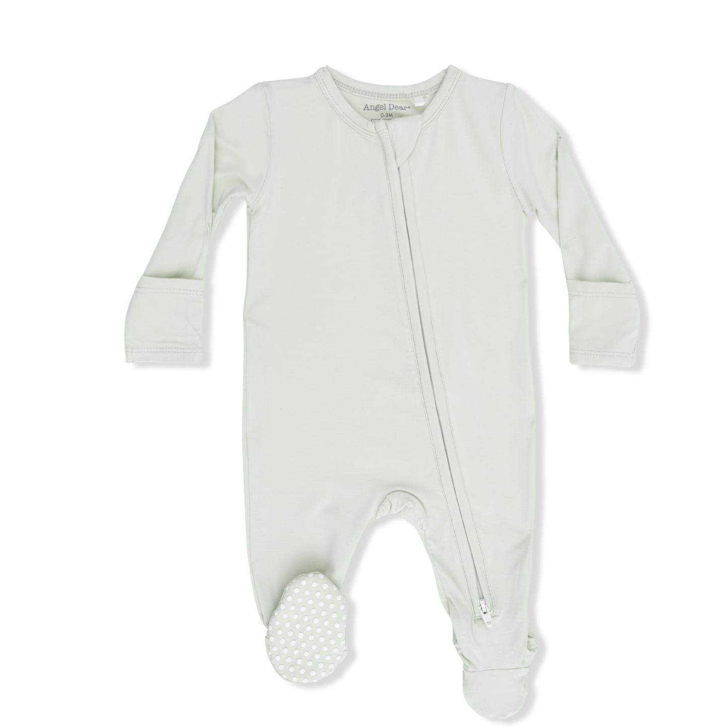Angel Dear Solid Bok Choy zip footie for babies, featuring soft fabric, long sleeves, and footed design in green color.