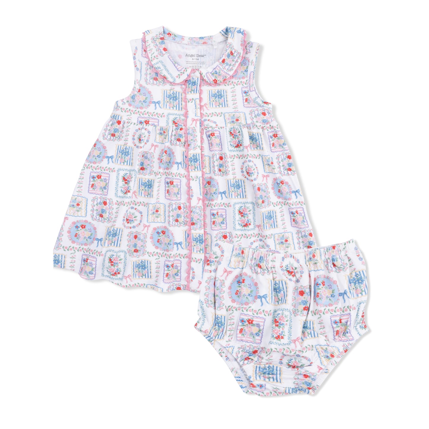 Angel Dear Floral Patchwork Jill Dress featuring colorful patchwork design and lightweight fabric, perfect for babies and toddlers.
