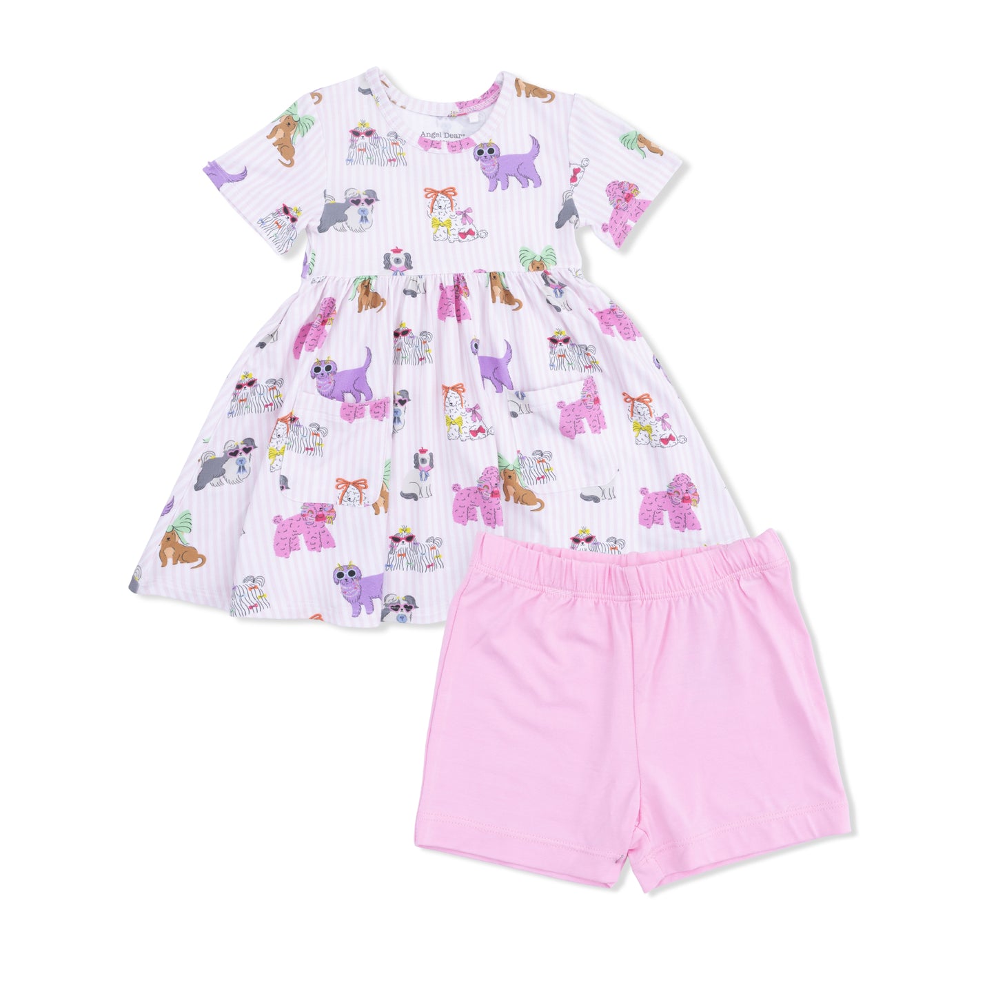 Angel Dear Fancy Dogs twirly dress and short set for dogs, pink and floral pattern, perfect for stylish pet outfits.
