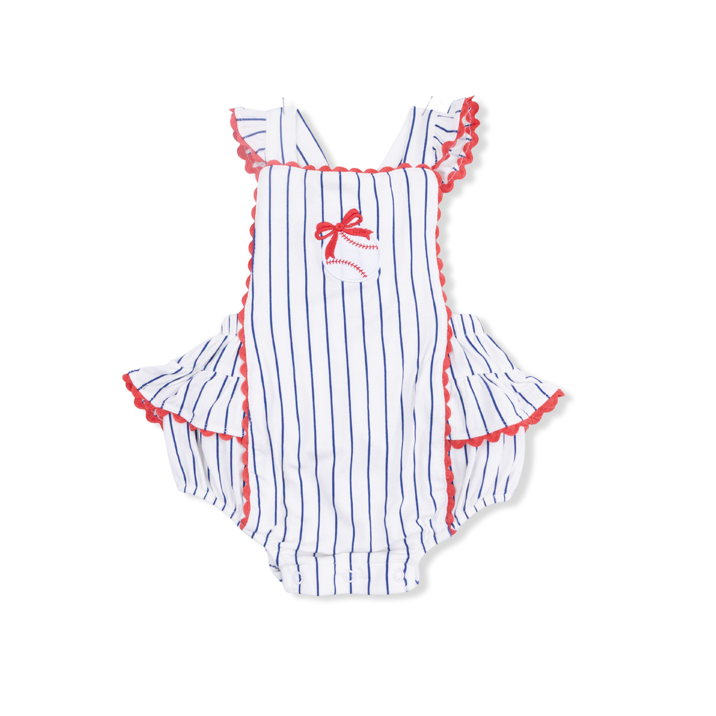 Angel Dear baseball stripe ric rac ruffle sunsuit for babies, featuring colorful striped fabric with ruffle details and comfortable design.