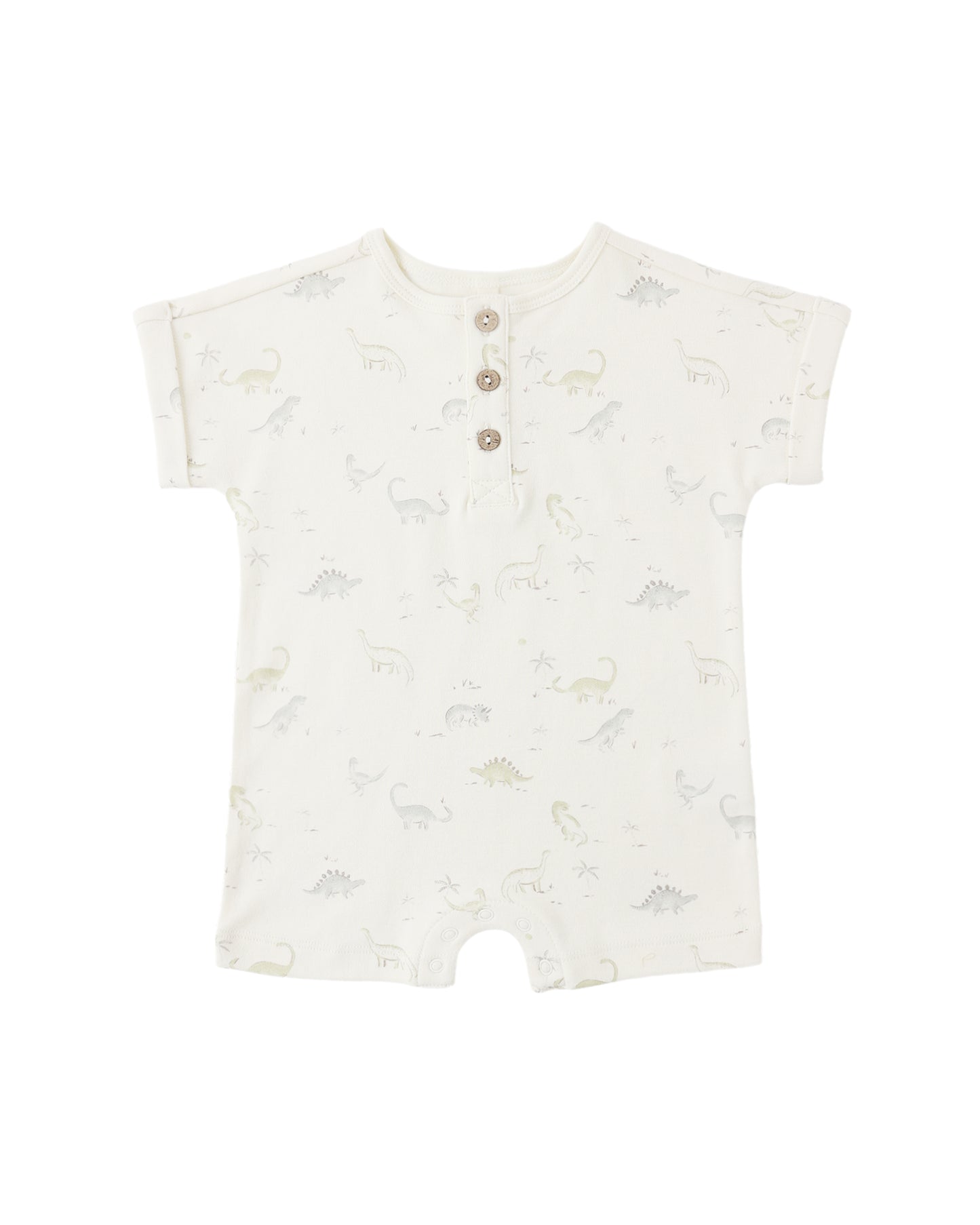 Quincy Mae dinosaur-themed short sleeve one-piece for babies, featuring colorful dinosaur prints and soft fabric.