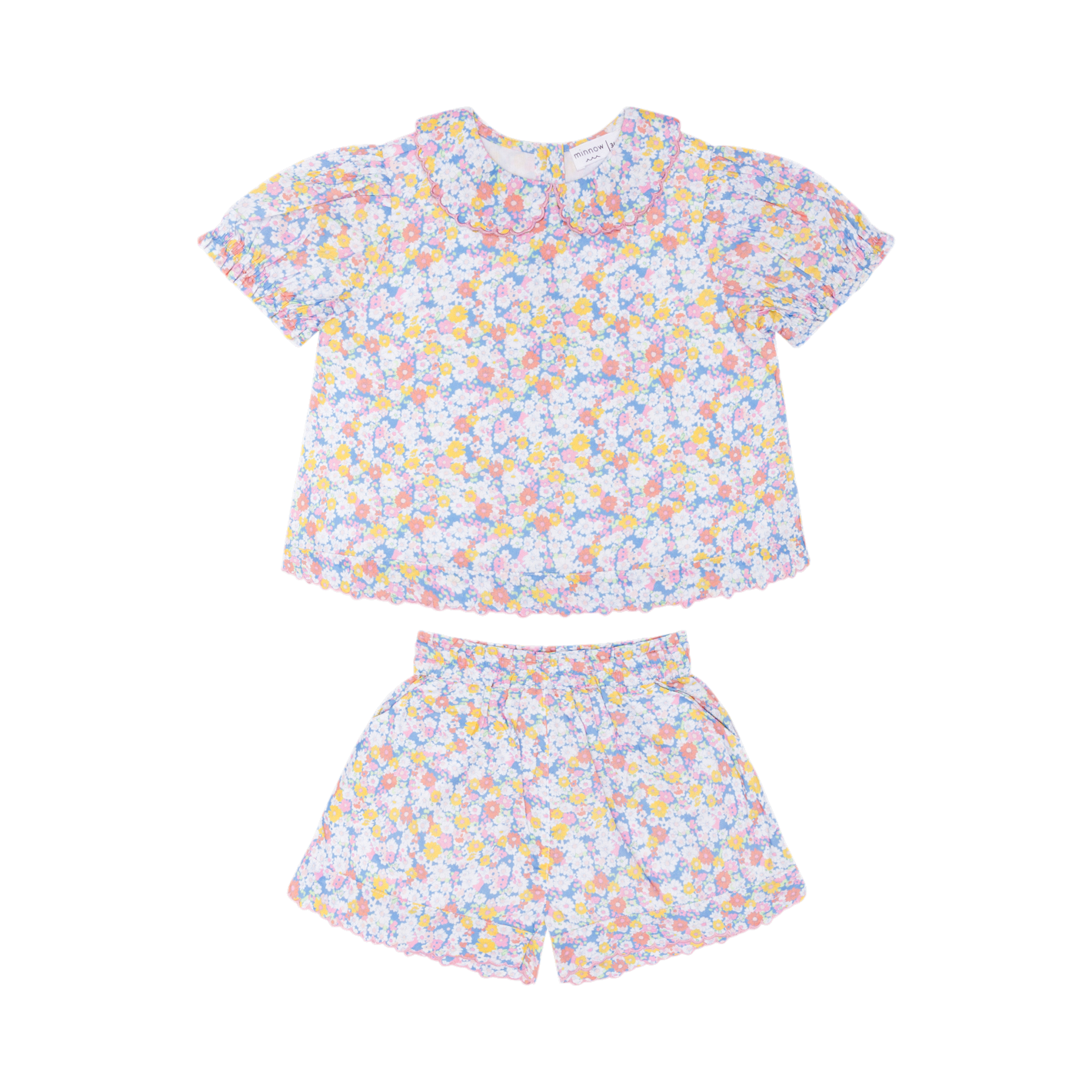 Girls' Minnie Jasmine Blossom Puff Sleeve Short Set by Minnow, featuring a floral print and puffed short sleeves, perfect for spring.