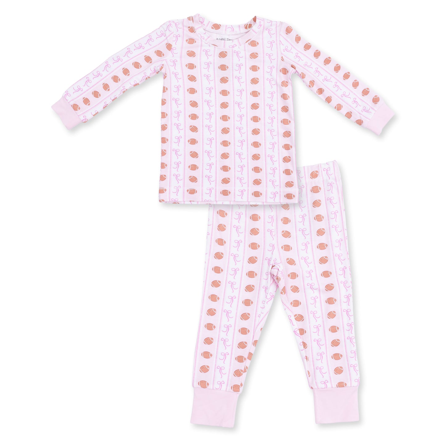 Angel Dear football bow stripe long sleeve loungewear set for kids, featuring playful patterns and comfortable fabric.