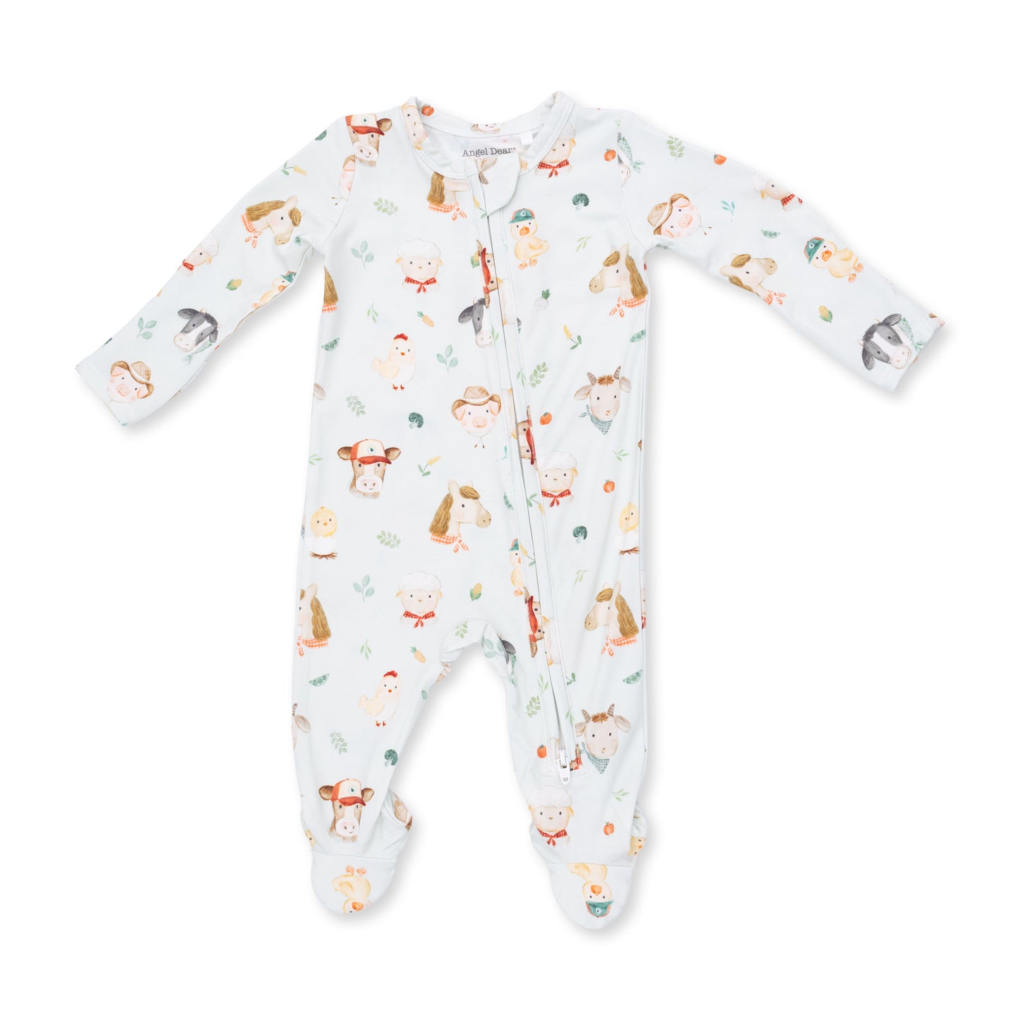 Angel Dear Baby Farm Faces 2-Way Zip Footie featuring colorful farm animal prints and soft fabric for comfortable baby wear.