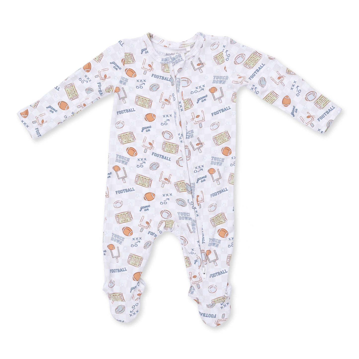 Angel Dear Football Check 2-Way Zip Footie for infants, featuring a soft checkered fabric and easy zipper closure.