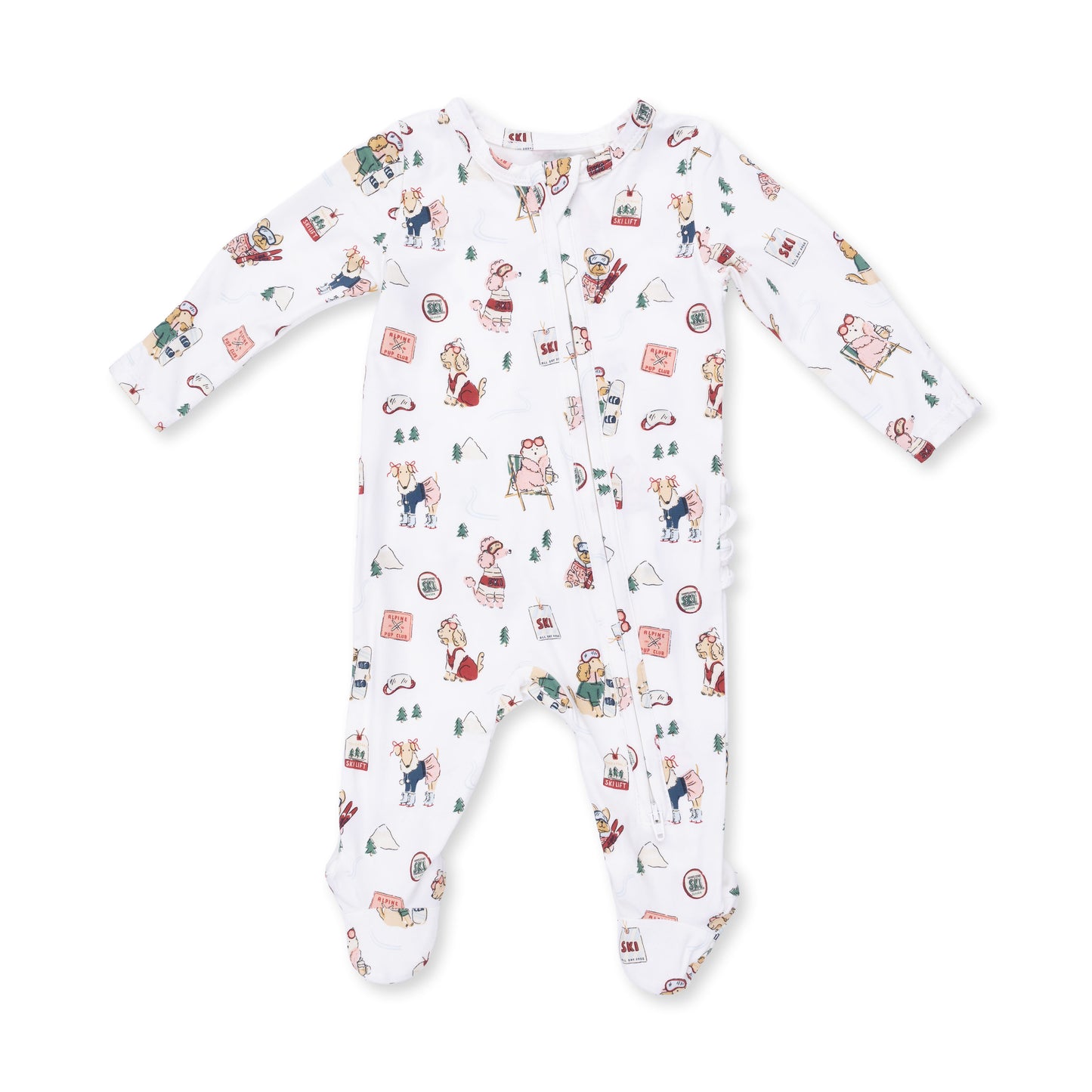 Pink winter sports dog footie by Angel Dear with ruffle details and zip closure, designed for warmth and comfort during cold weather.