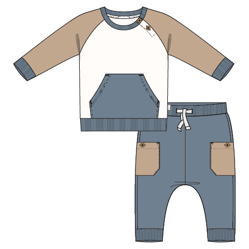 Colorblock jogger set by Petit Lem featuring a comfortable, stylish matching top and pants in vibrant color blocks.
