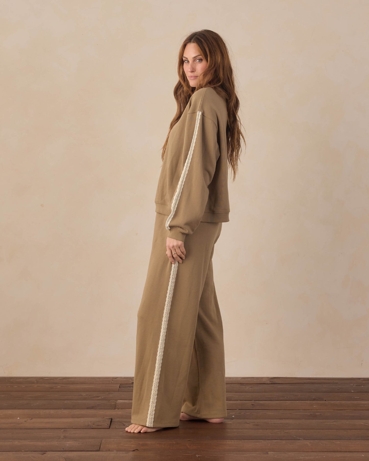 Women's olive wide-leg sweatpants by Rylee & Cru, showcasing relaxed fit and soft fabric in a casual style.