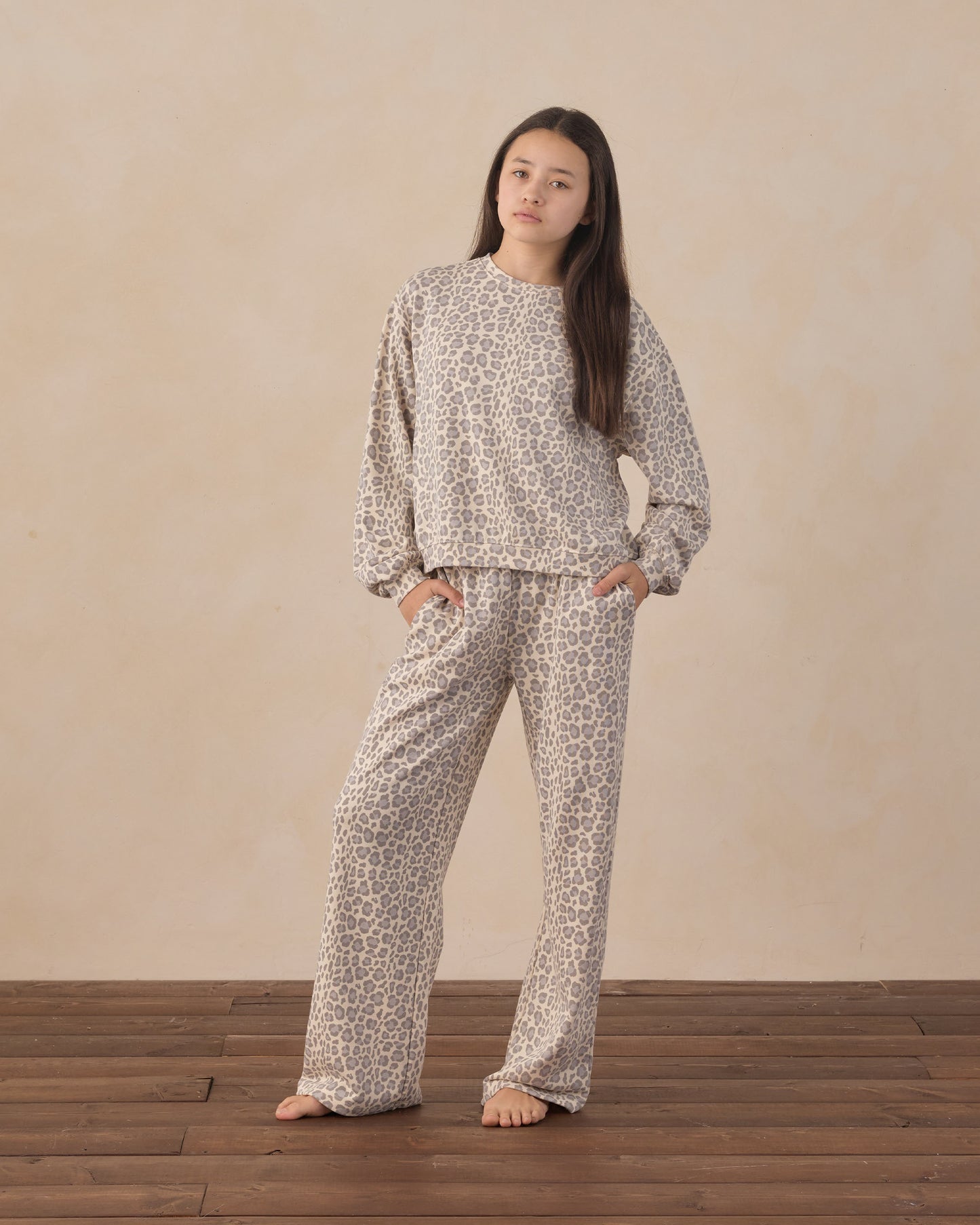 Teen blue leopard print sweatpants by Rylee & Cru, featuring a relaxed fit and bold leopard pattern on soft fabric.