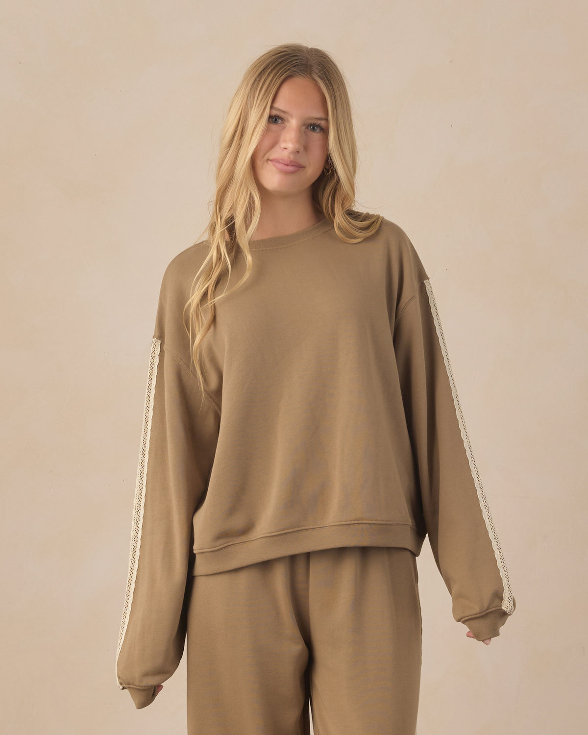 Teen olive oversized sweatshirt by Rylee & Cru, featuring a relaxed fit with long sleeves and a cozy, casual style.