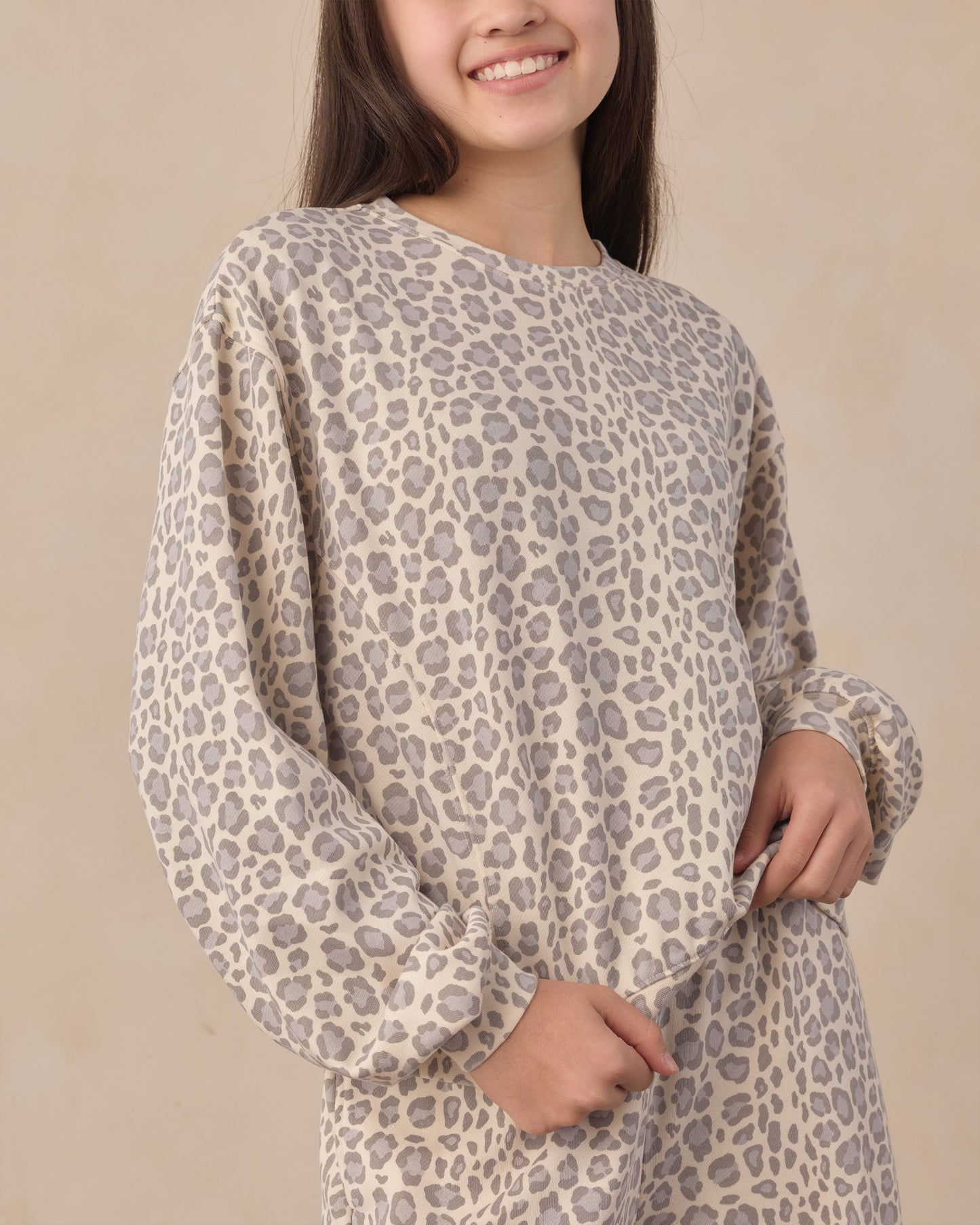 Teen blue leopard oversized sweatshirt by Rylee & Cru, featuring a cozy fit and bold leopard print on soft fabric.