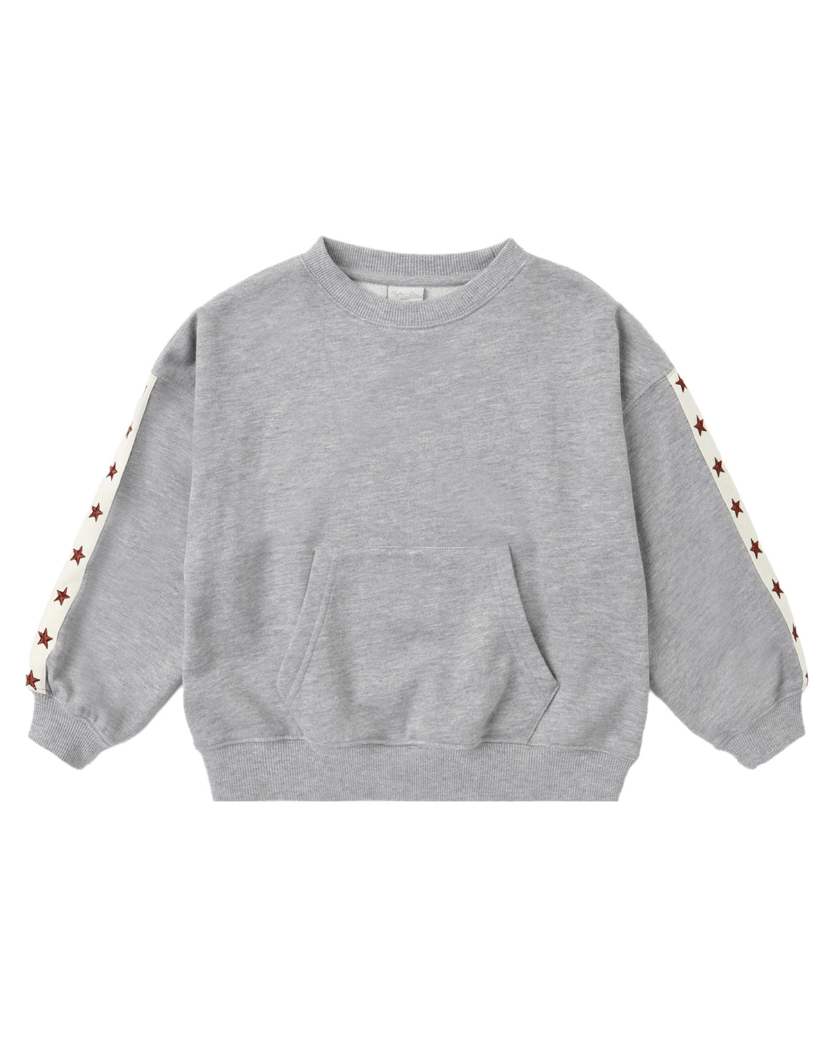 Heathered dusty blue pouch pocket crewneck sweater by Rylee & Cru, showing the soft fabric and casual fit.