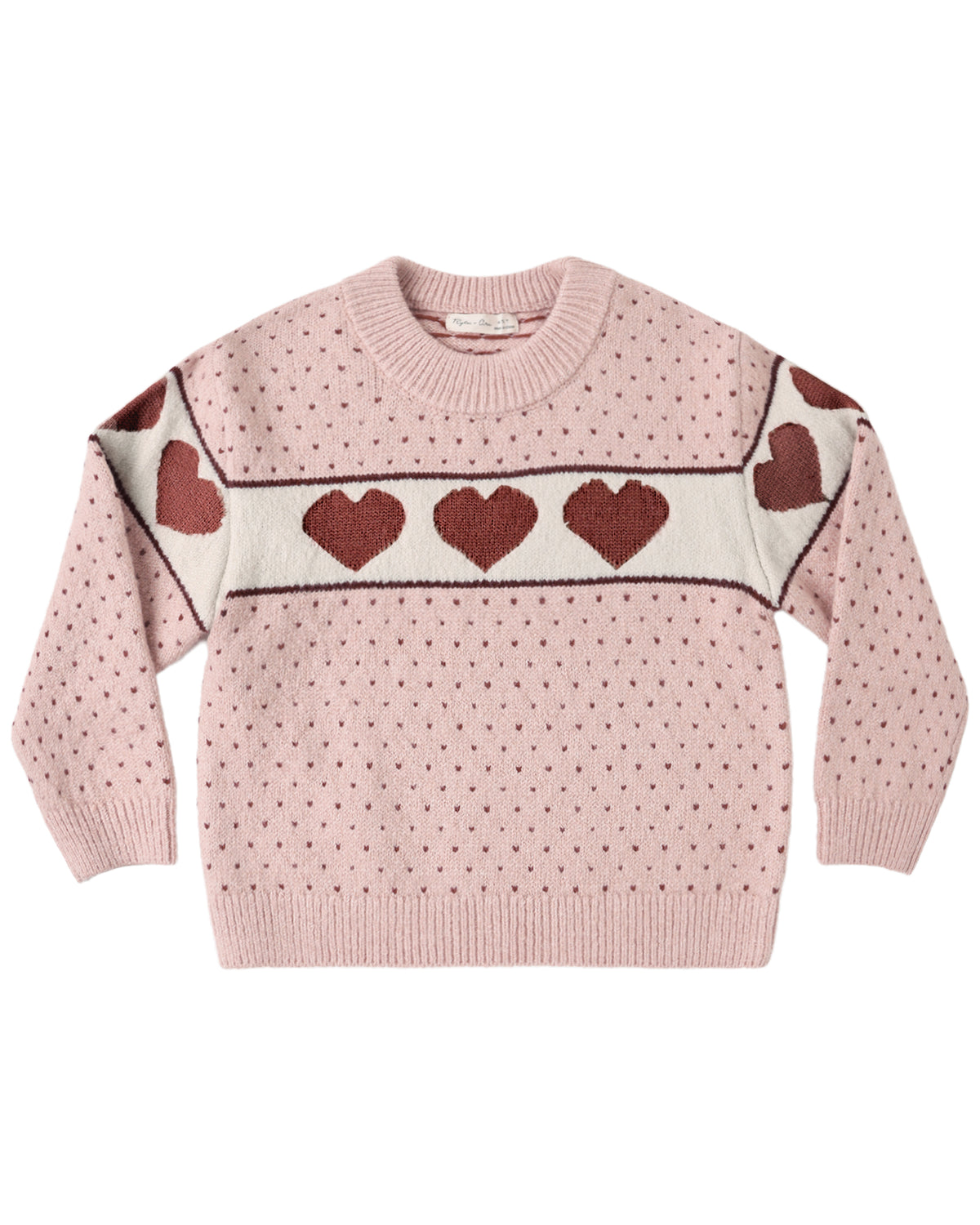 Rylee & Cru Hearts Reagan Sweater featuring colorful heart patterns on soft knit fabric, perfect for cozy, stylish wear.