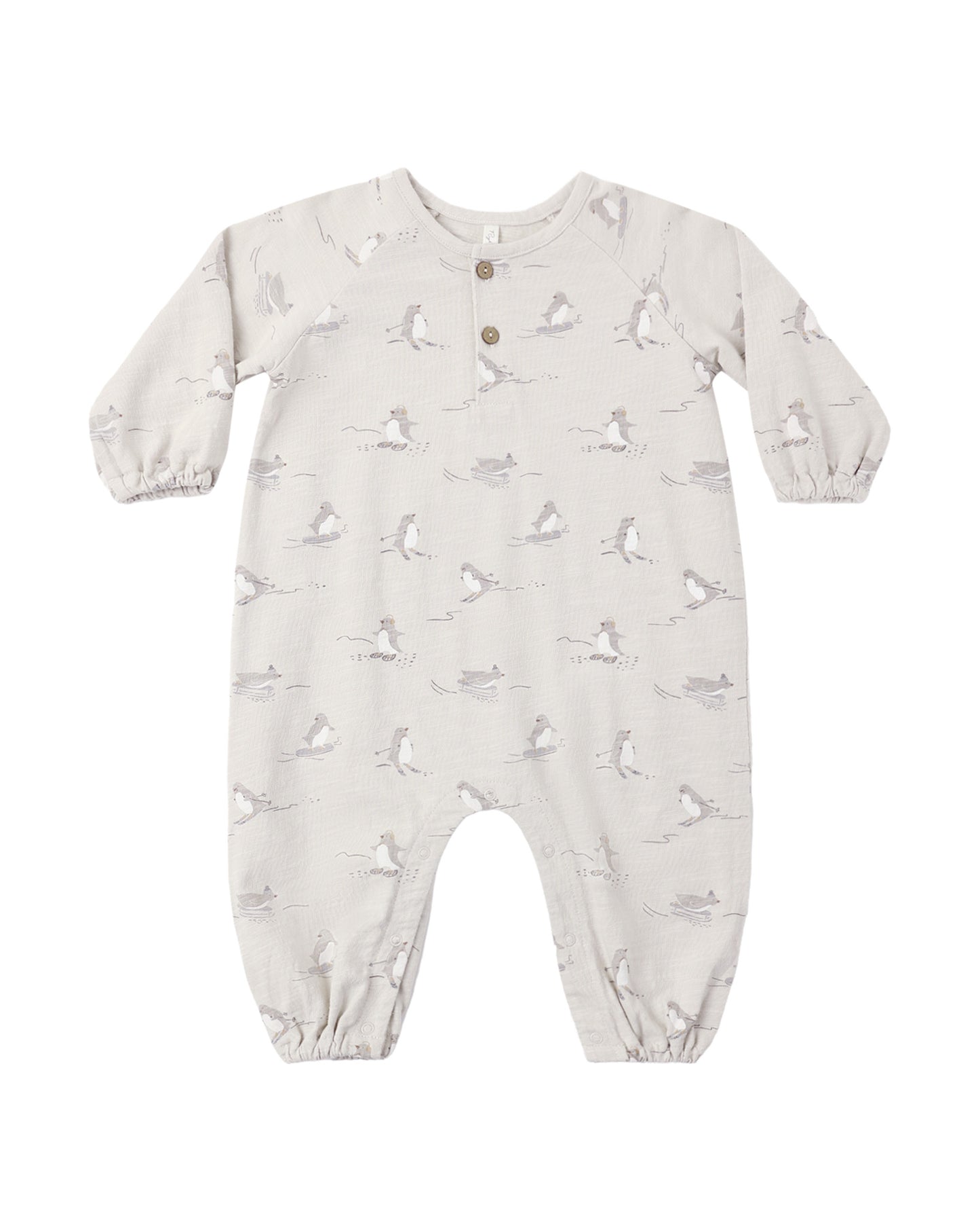 Rylee & Cru skiing penguins Henley jumpsuit featuring a playful penguin print, long sleeves, and cozy fabric for kids.