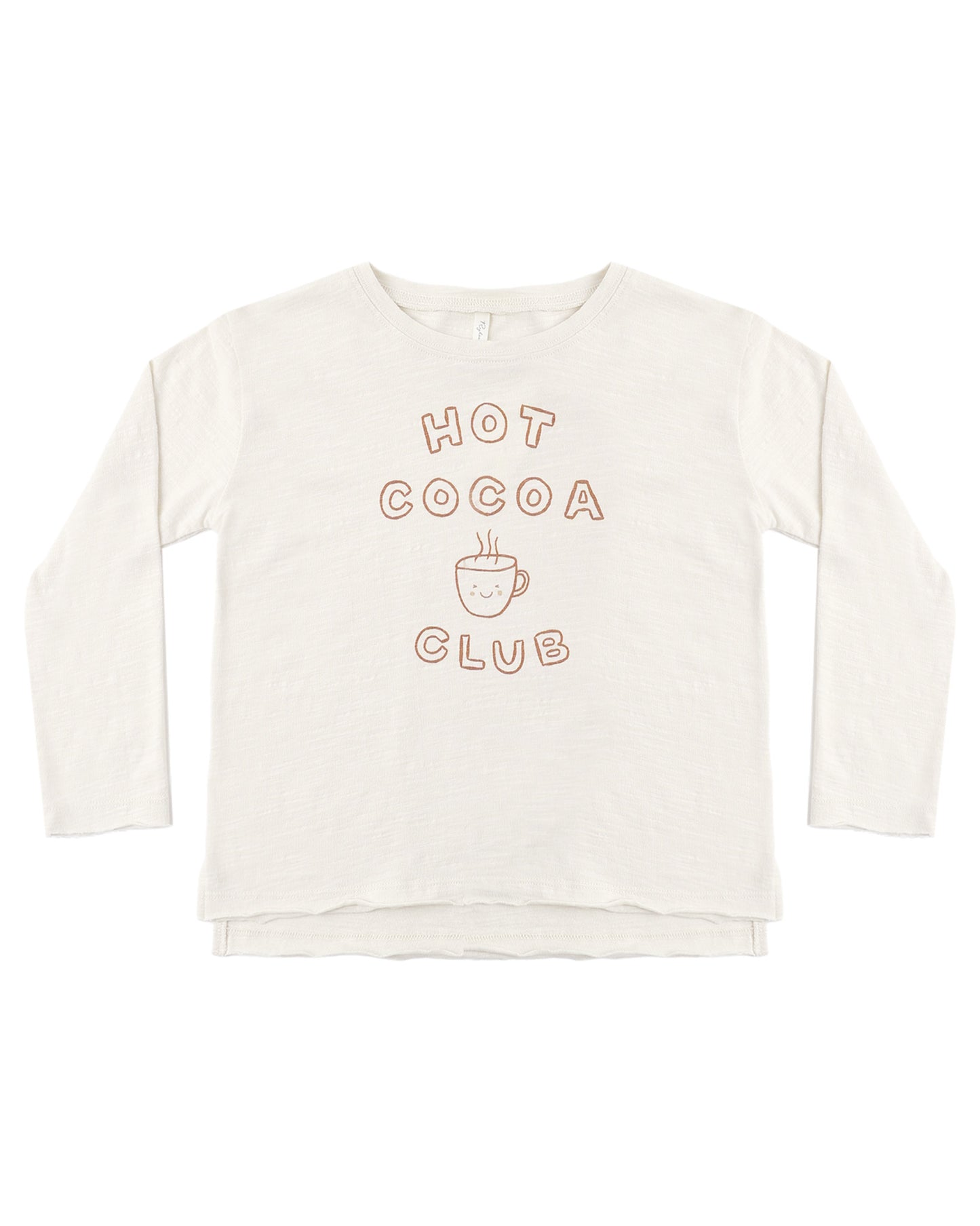 Rylee & Cru Hot Cocoa Club raw edge long sleeve tee in soft fabric, featuring a casual fit and raw hem detail.