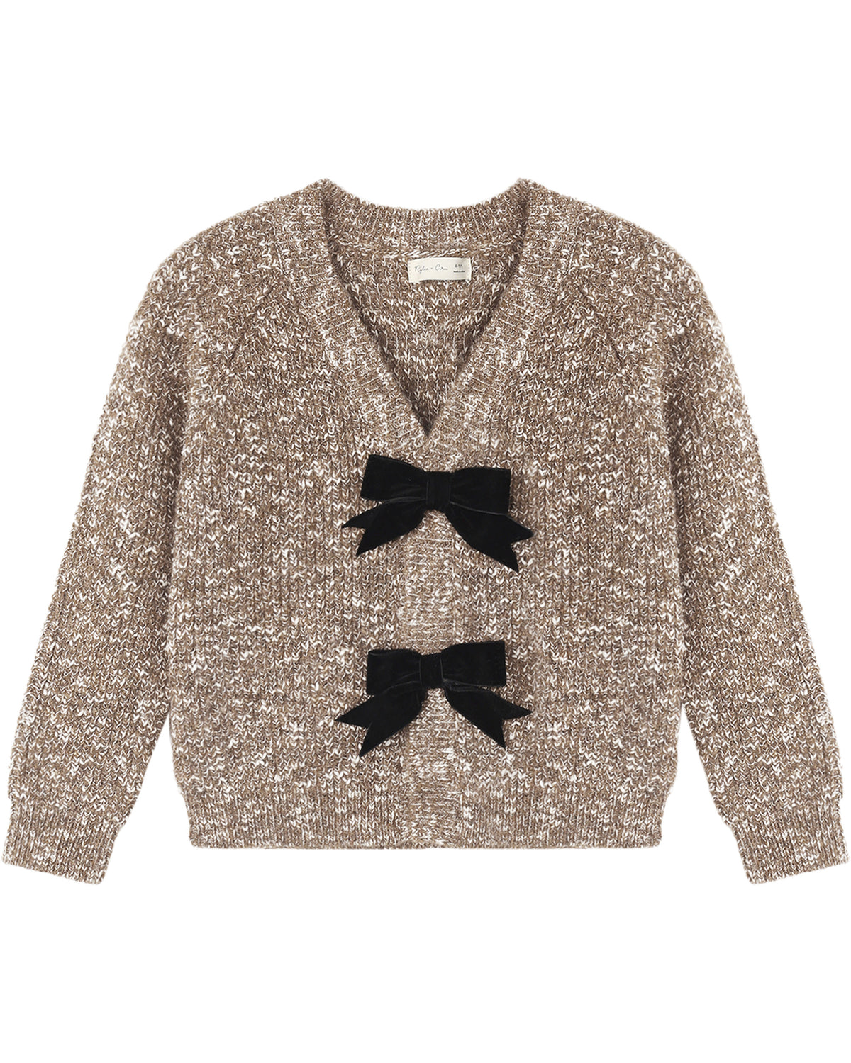Heathered stone Bow Cardigan by Rylee & Cru, soft knit fabric with bow details, displayed on a hanger.