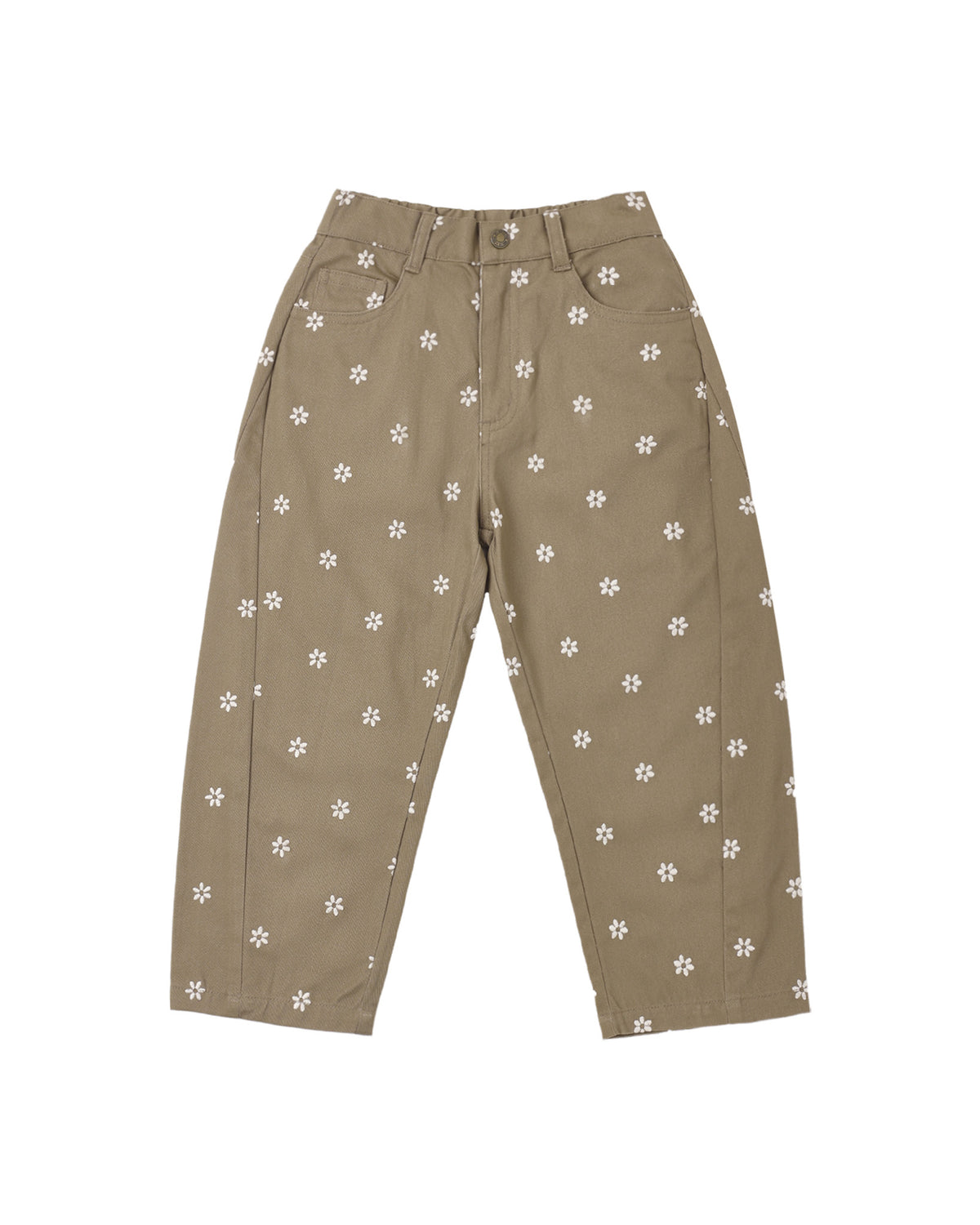 Embroidered daisies on Rylee & Cru barrel pants showcasing floral embroidery and relaxed fit for children's casual wear.