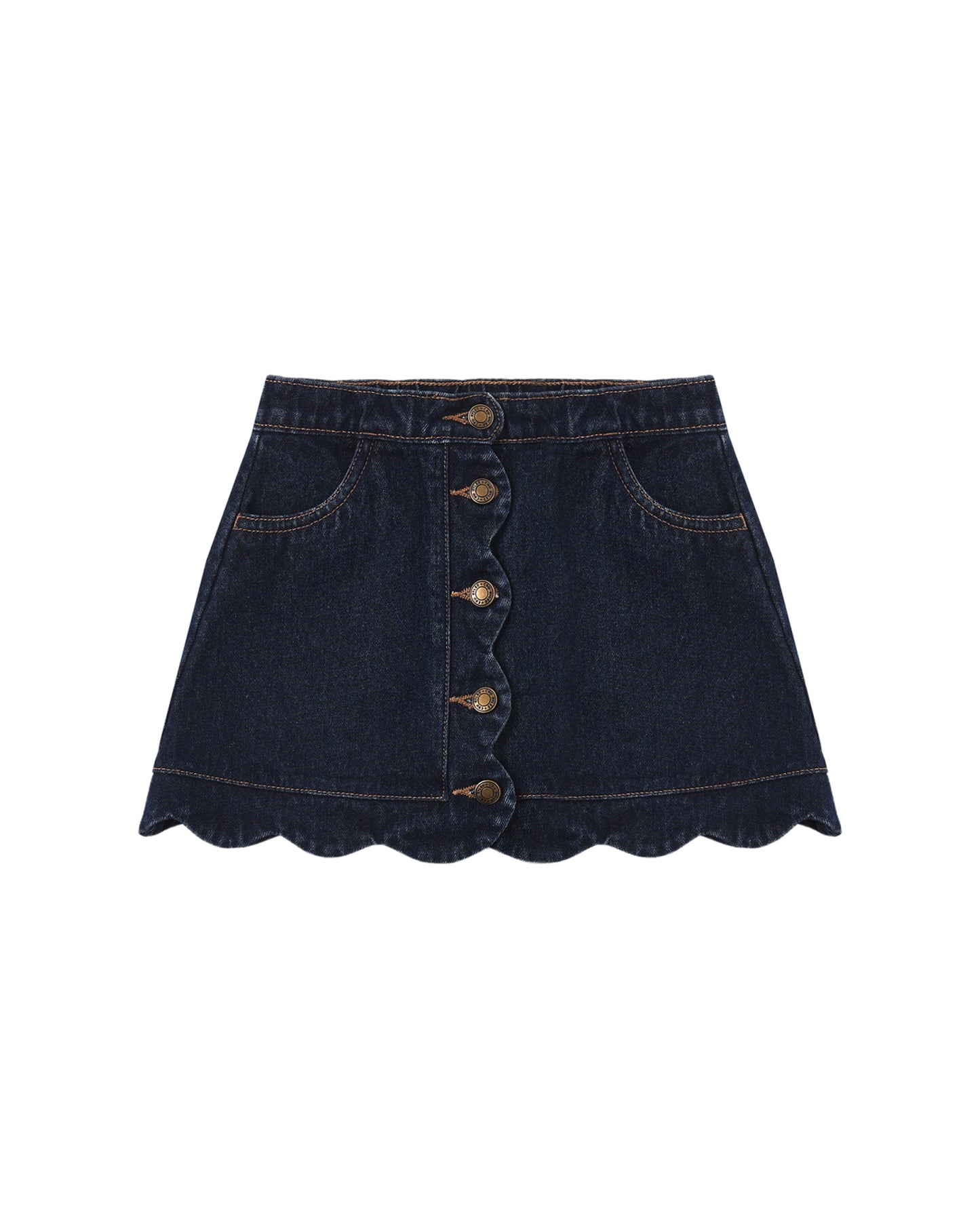 Dark indigo scallop mini skirt by Rylee & Cru, featuring a stylish scalloped hem and a fitted waistband.