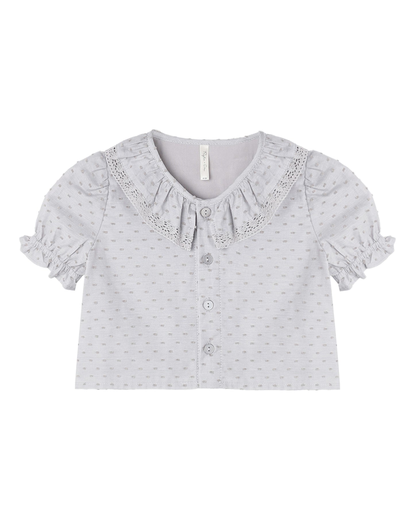 Dusty blue Bella blouse by Rylee & Cru featuring long sleeves, a relaxed fit, and soft fabric, displayed on a hanger.