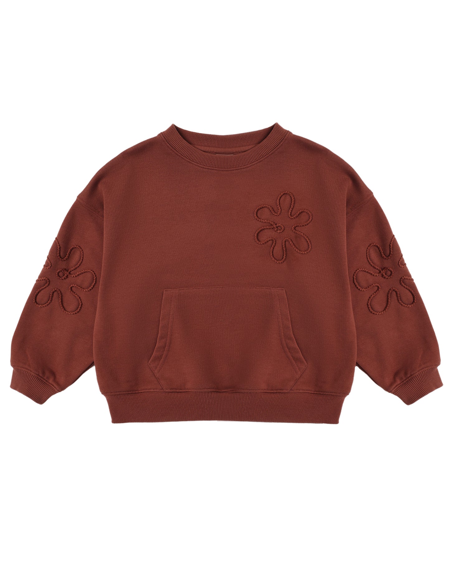 Rylee & Cru Brick Pouch Pocket Crew sweatshirt featuring a cozy brick-colored fabric and a front pouch pocket.