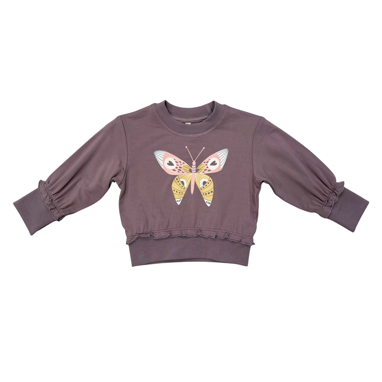 Babysprouts butterfly ruffle hem sweatshirt featuring a soft fabric and decorative butterfly details on the hem.