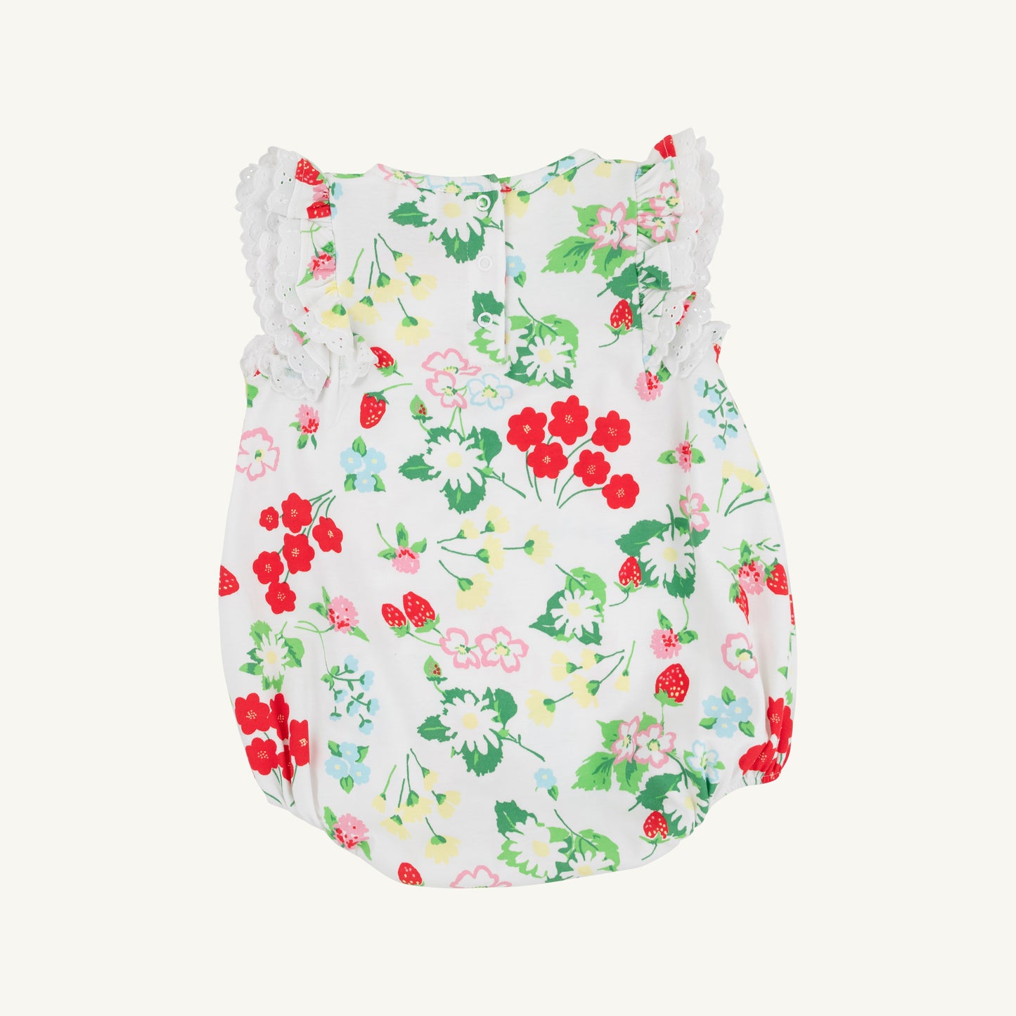 White Ruehling Ruffle Bubble dress for baby girls by The Beaufort Bonnet Company with berry and sweet details and ruffle accents.